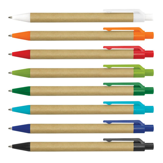 A selection of plastic pens with Kraft paper bodies in various colours: white, orange, red, green, blue, and black.