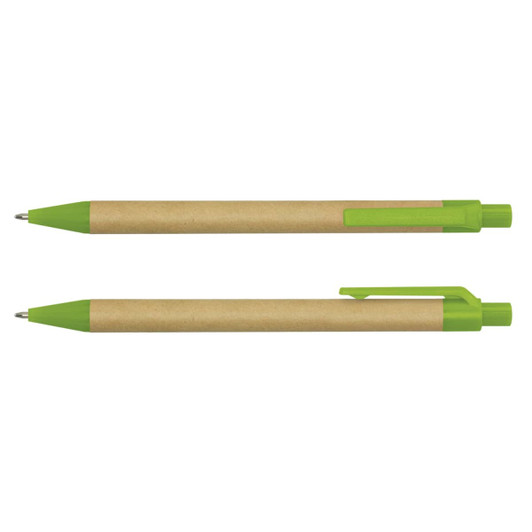 A Kraft Pen featuring a brown paper barrel and green plastic details. The pen has a logo on its surface.