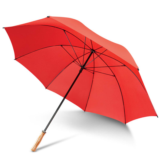 A red umbrella with a wooden handle and a black frame, featuring several ribs for support.