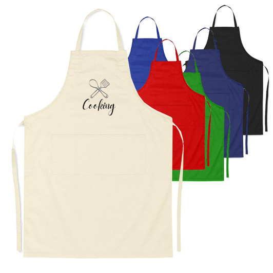 Cotton aprons in cream, red, green, blue, and black, featuring a logo and a pocket at the front.