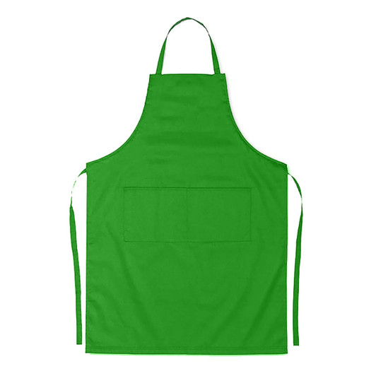 A bright green junior cotton apron for ages 8-12, featuring a front pocket and adjustable ties.