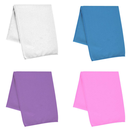 A set of four towels in white, blue, purple, and pink, each folded in a triangular shape. Each towel has a textured surface and features a logo.