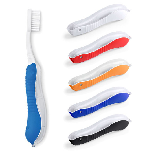 A toothbrush in blue, alongside travel cases in red, orange, blue, and black, all featuring a logo.