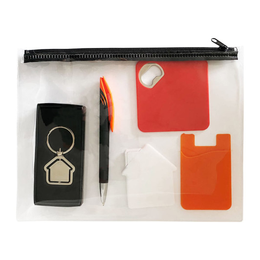 A transparent zip pouch containing a keyring, a black pen, and four colourful house-shaped items in orange and red.
