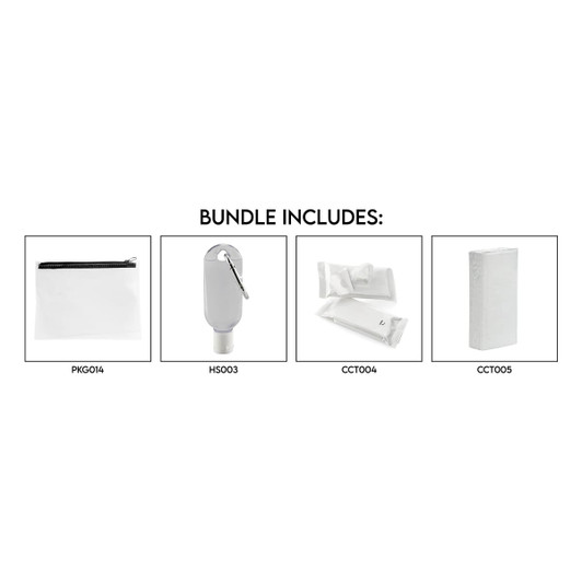 A clear pouch, a grey hand sanitiser, and several white hygiene packets. The bundle is packaged together.