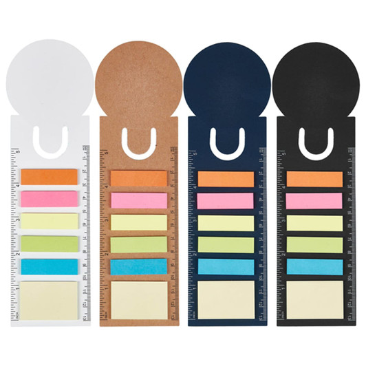 A set of four notepads in white, kraft, navy, and black, each with various sticky note colours and a ruler.