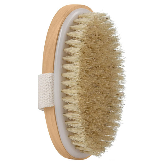 A wood body brush with soft bristles, featuring a natural timber handle and a cotton strap.