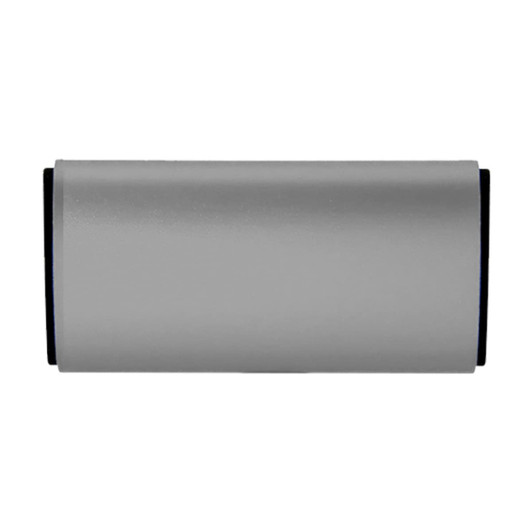 A silver car air freshener with a sleek design. It has a black accent and features a logo.