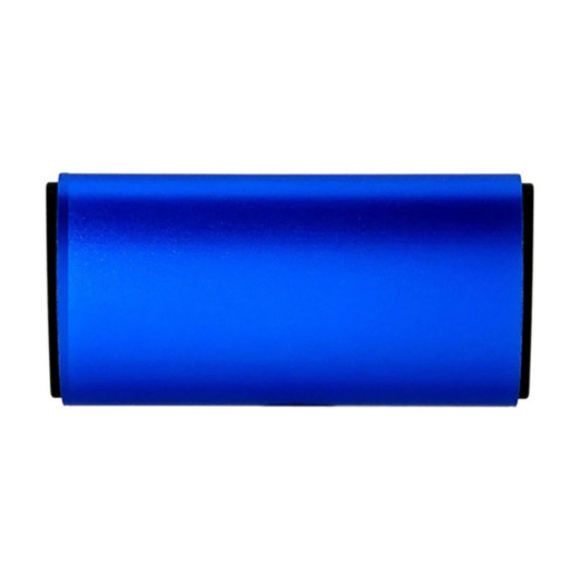 A blue cylindrical air freshener with black accents and a logo.