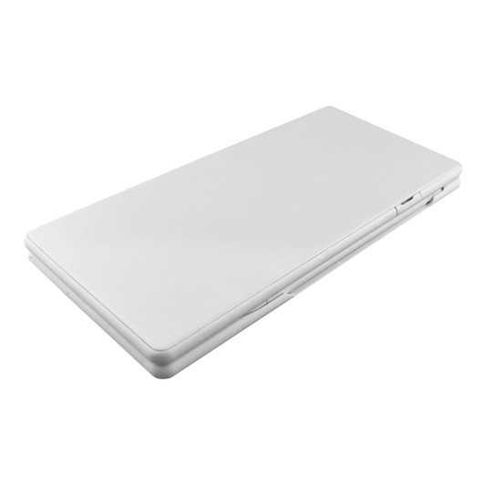 A white, slim calculator with a smooth finish and a branding logo on the surface.