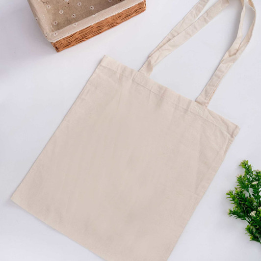 A plain beige tote bag with long straps, featuring a simple design and no gusset for added width.