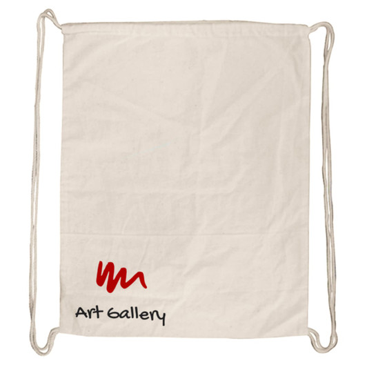 A cream drawstring bag featuring a logo and text at the bottom. The bag has two white drawstrings.