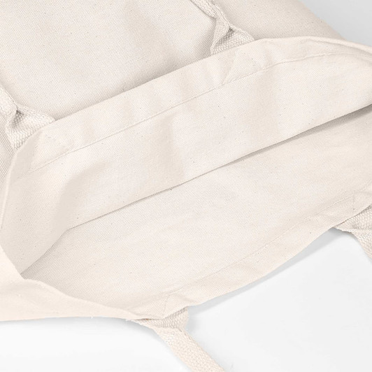A cream-coloured tote bag without a gusset, featuring handles and an interior view. It has a simple logo.