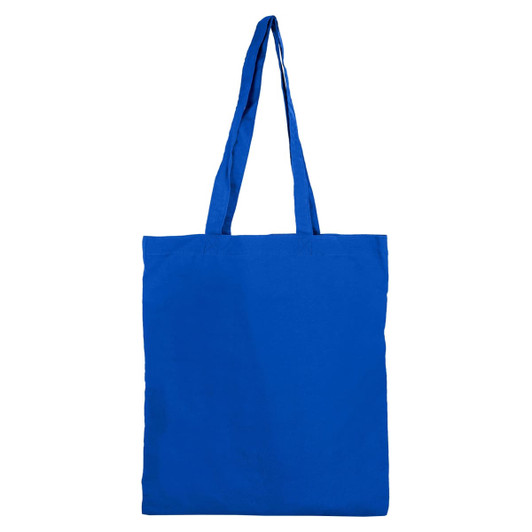 A blue tote bag with long handles and no gusset, featuring a branding logo.