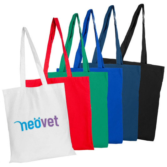 A collection of coloured calico tote bags in white, red, green, blue, and black, featuring a logo on the white bag.