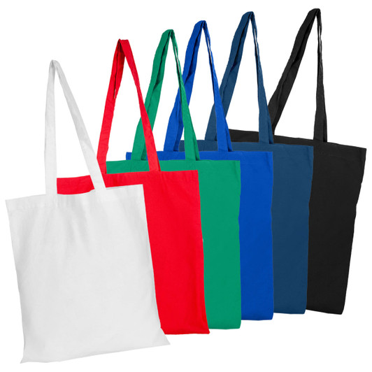 A collection of coloured calico tote bags in white, red, green, blue, and black, featuring long handles.