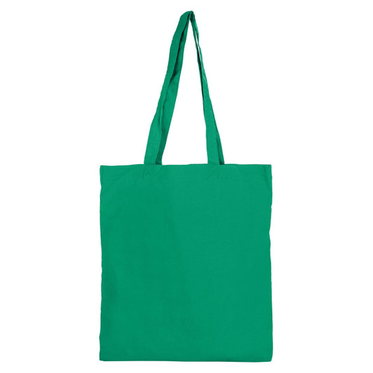 A green tote bag with long handles and no gusset, featuring a logo on the front.