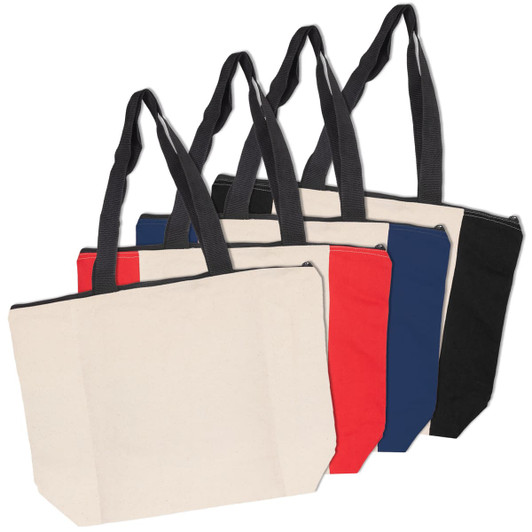 A set of four Calico Zip Shopper tote bags in cream, red, navy blue, and black, featuring long handles and a zip closure.