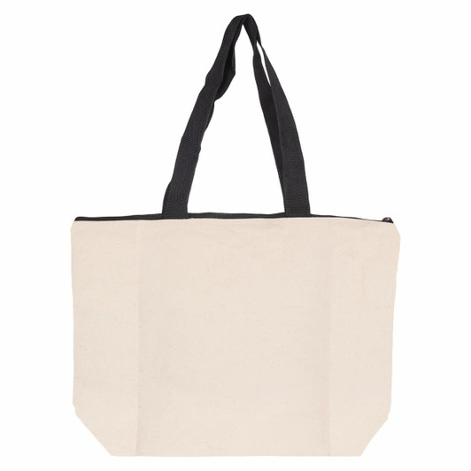 A cream tote bag with black handles and a zip closure. It features a logo on the front.