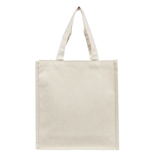 A natural-coloured canvas tote bag with sturdy handles and a branding logo on one side.