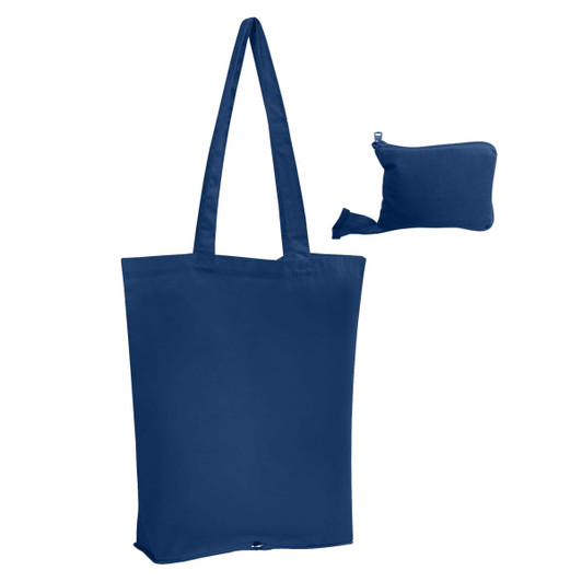 A navy blue foldable tote bag displayed alongside its compact, stowed pouch. Features a logo.
