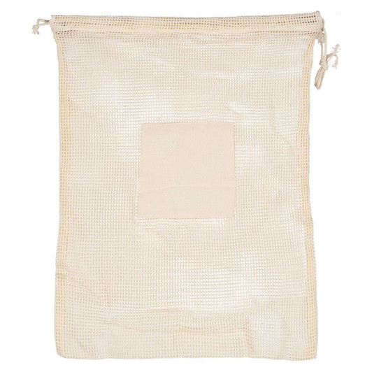 A reusable mesh produce bag in cream colour with a plain patch and drawstring closure. Features a logo.