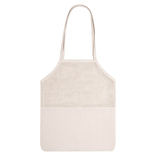 A cream-coloured tote bag with a mesh top section and solid bottom, featuring long handles and a logo.