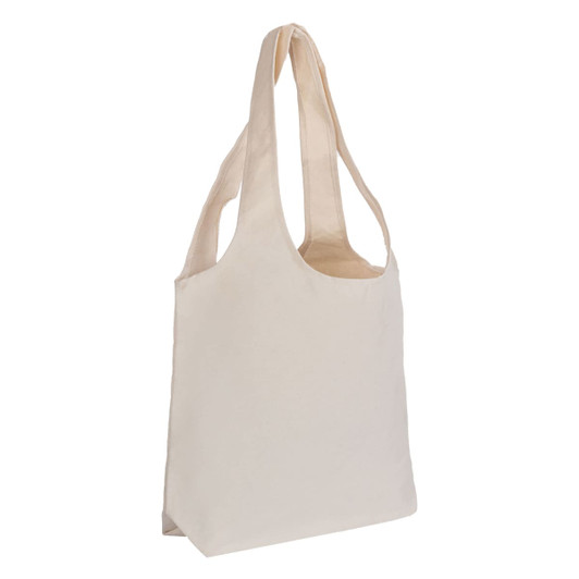 A cream-coloured tote bag with two long handles and a simple design. It features branding on one side.