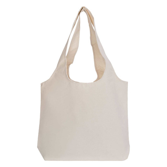 A beige tote bag with a wide opening and long handles, featuring a subtle logo design.