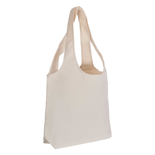 A cream-coloured tote bag with long handles and a simple design, featuring a logo on one side.