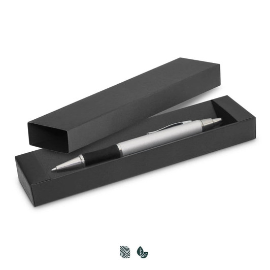 A sleek silver pen sits inside a matte black rectangular gift box with a smooth finish. The box has a subtle branding logo.
