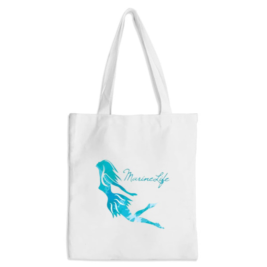 A white tote bag featuring a blue graphic of a mermaid and the text "MarineLife." It has two handles.