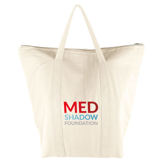 A cotton cooler bag in cream, featuring a logo with red and blue text. It has two sturdy handles and a zip closure.