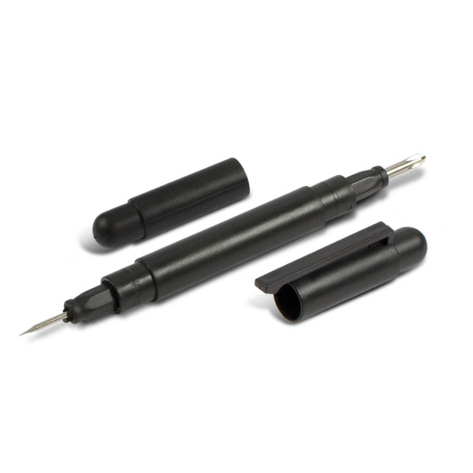 A black pocket screwdriver set featuring a central tool and two removable caps for protection.
