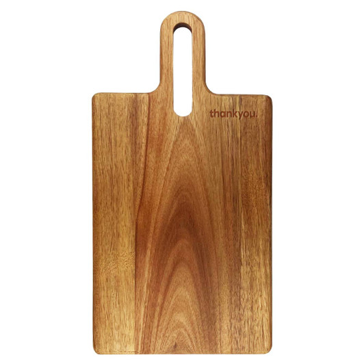 A wooden cheeseboard with a smooth finish and a handle, featuring a small logo.