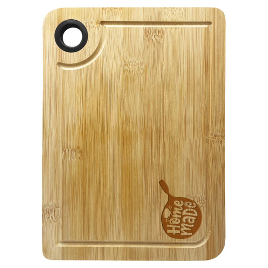 A bamboo cheeseboard with a circular cutout and branded logo, featuring a light natural wood colour.
