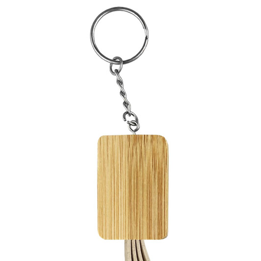 A square bamboo key ring with a metal chain, featuring a natural bamboo finish.