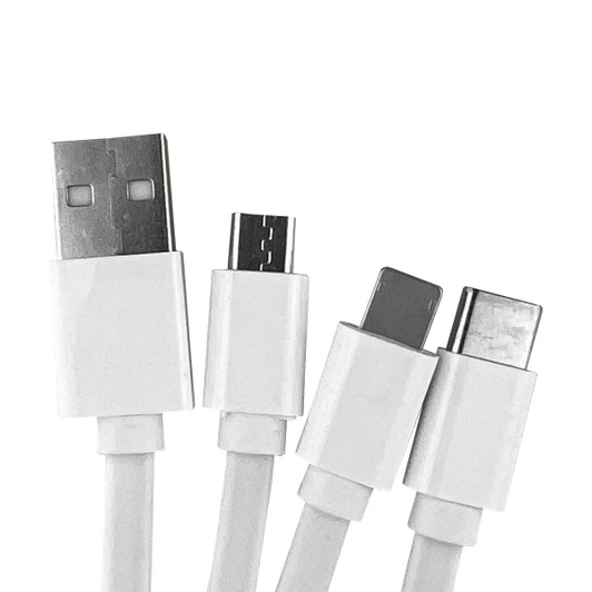 A white charging cable with USB, micro USB, and USB-C connectors. Features a simple design with a logo.