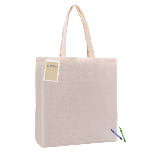 A calico tote bag in natural colour with gusset, featuring a logo and a few colourful markers.