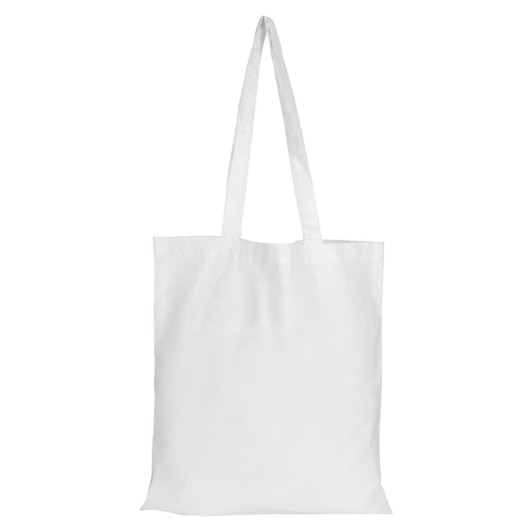 A white calico tote bag with two handles and no gusset. The bag features a blank canvas for custom designs.