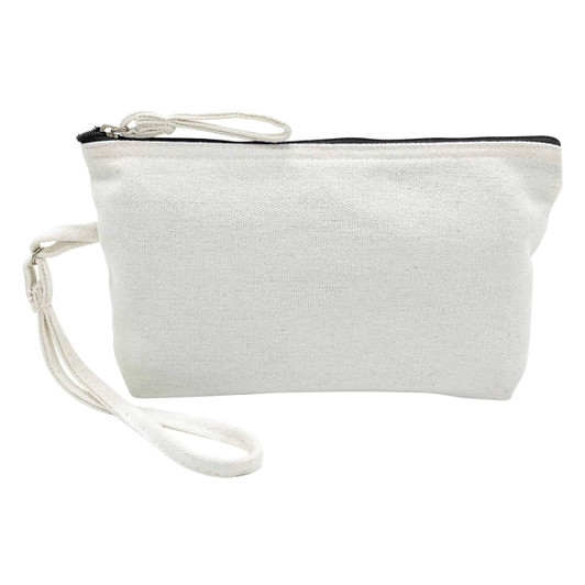A white canvas cosmetic bag with a black zipper and a wrist strap. It features a logo.