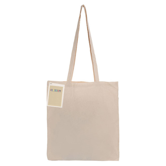A beige calico tote bag with long handles and a tag attached. The bag features a simple design and has a logo.