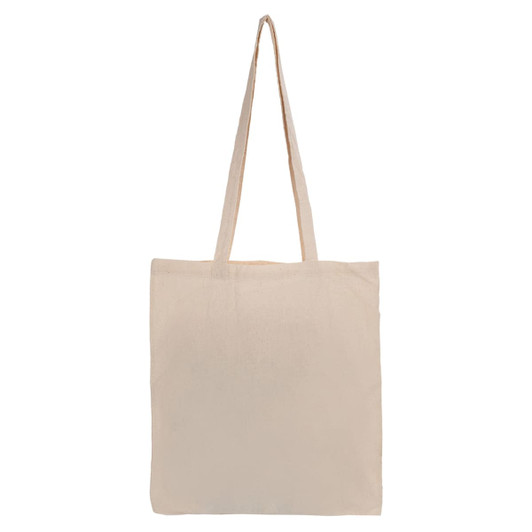 A beige tote bag with long handles and an unbranded design.