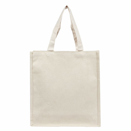 A plain cream canvas tote bag with two straps and a simple design. It features a branding logo.
