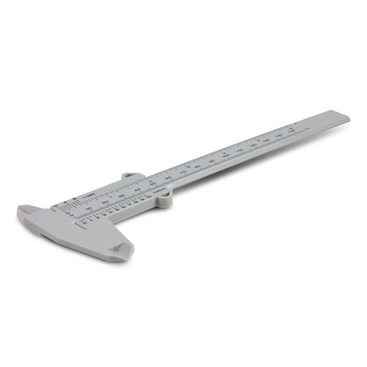 A Vernier caliper in a light gray color with measurement markings for precise measurements.