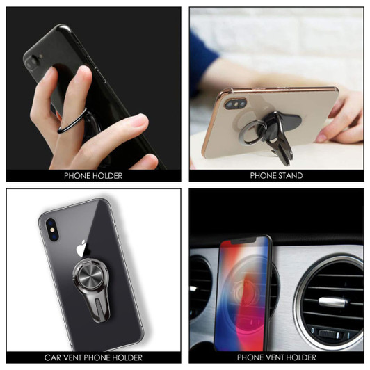A black phone holder with a ring, a phone stand, and a car vent phone holder in silver, displayed on various devices.