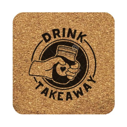 A square cork coaster featuring a hand holding a jar with a heart, in natural cork colour.