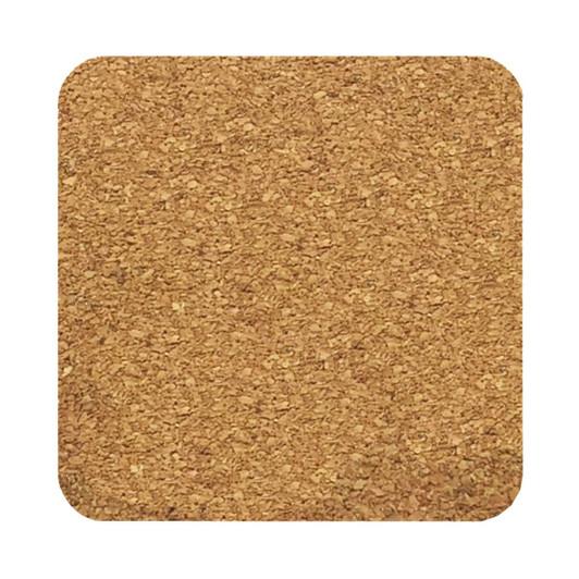 A square cork coaster in a natural brown hue, featuring textured surface. Includes branding.