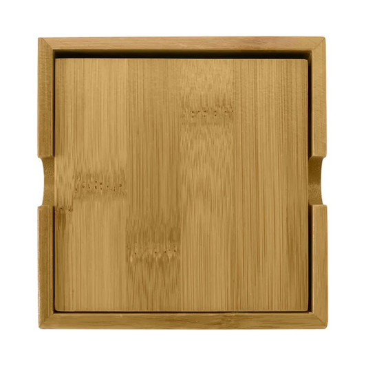 A bamboo coaster in a light brown tone with a square shape and rounded edges. It features a logo.