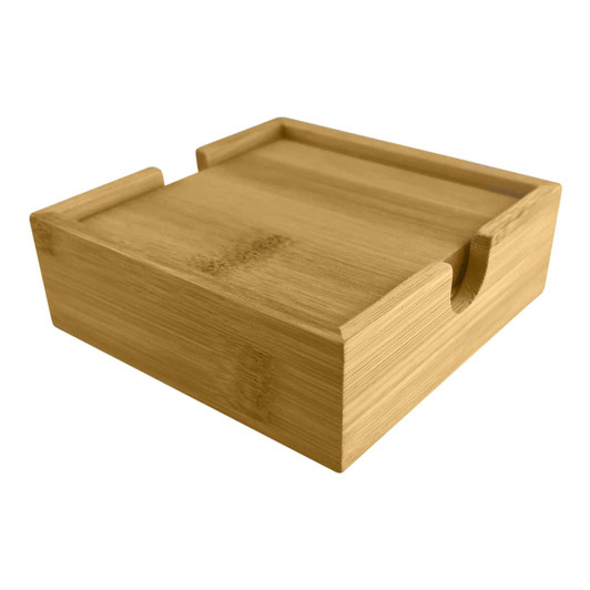 A bamboo coaster with a smooth, natural finish, featuring a slot for easy handling.